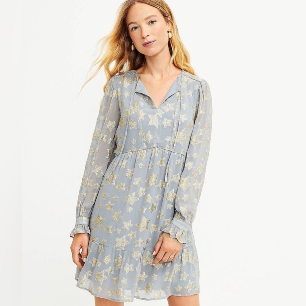 LOFT Shimmer Glitter Star Tiered Long Sleeve Mini Dress NWT
